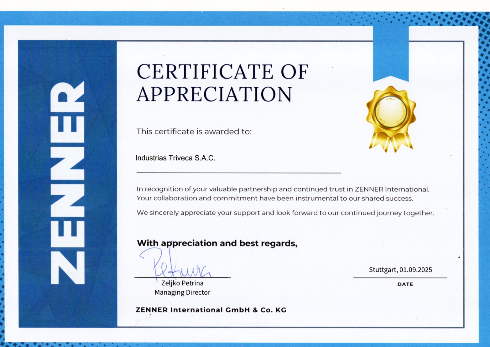Certificado Zenner